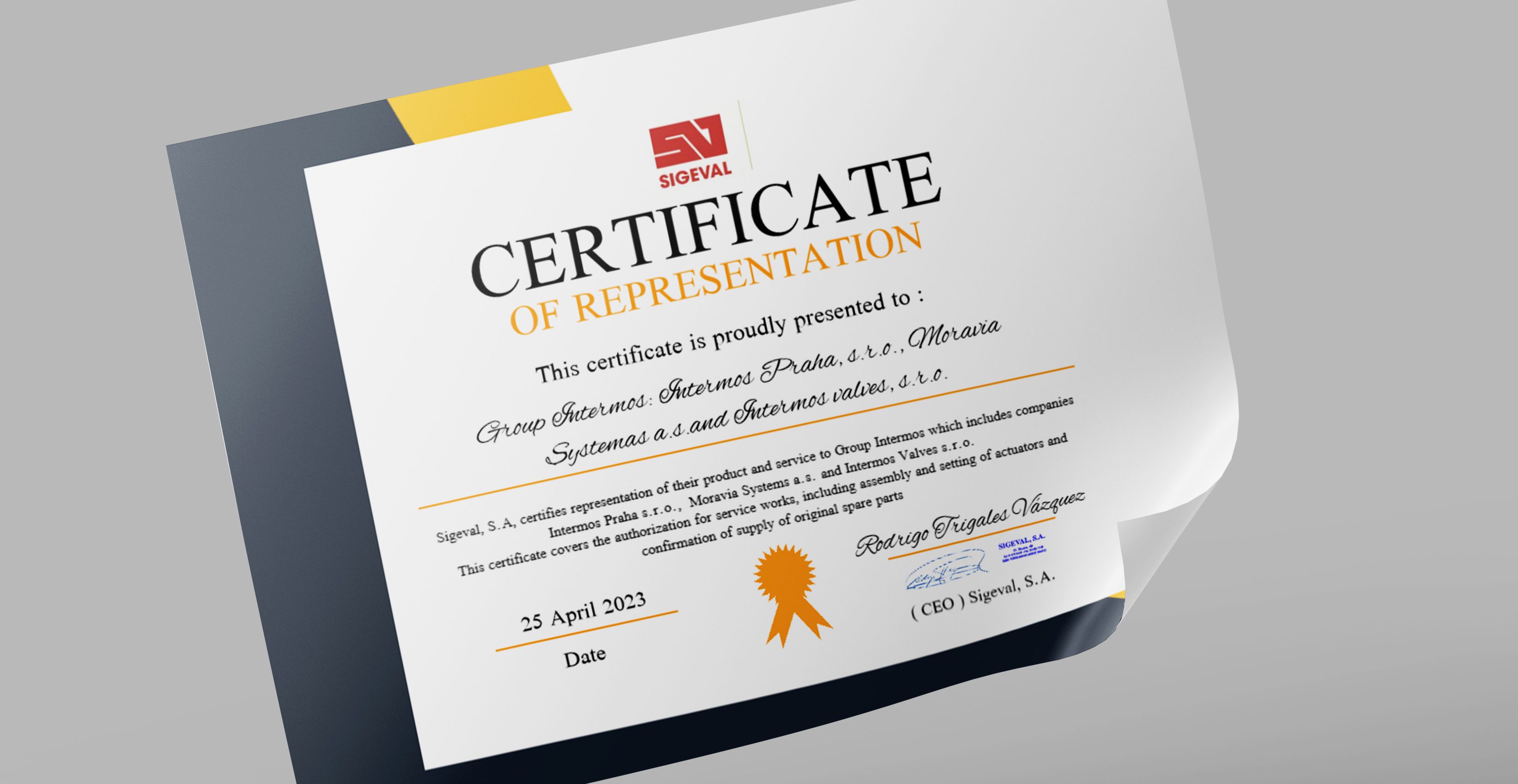 Certificate of our commercial and technical competence from Sigeval company